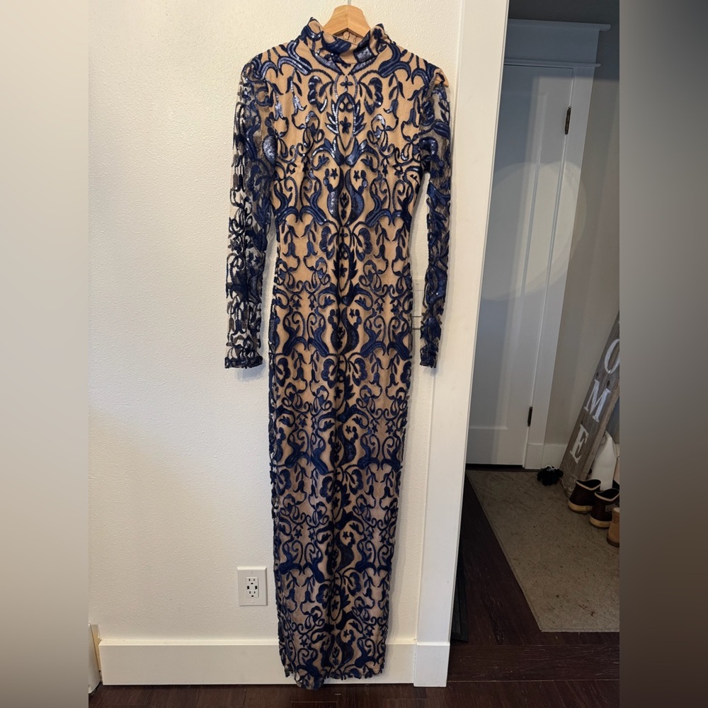 Elegant Blue and Tan Lace Dress- worn once